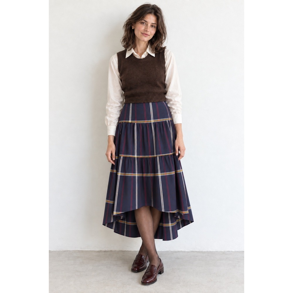 Banana Republic Plaid Tiered Midi Skirt 8 Navy Blue Stretch Cotton Ruffle $200